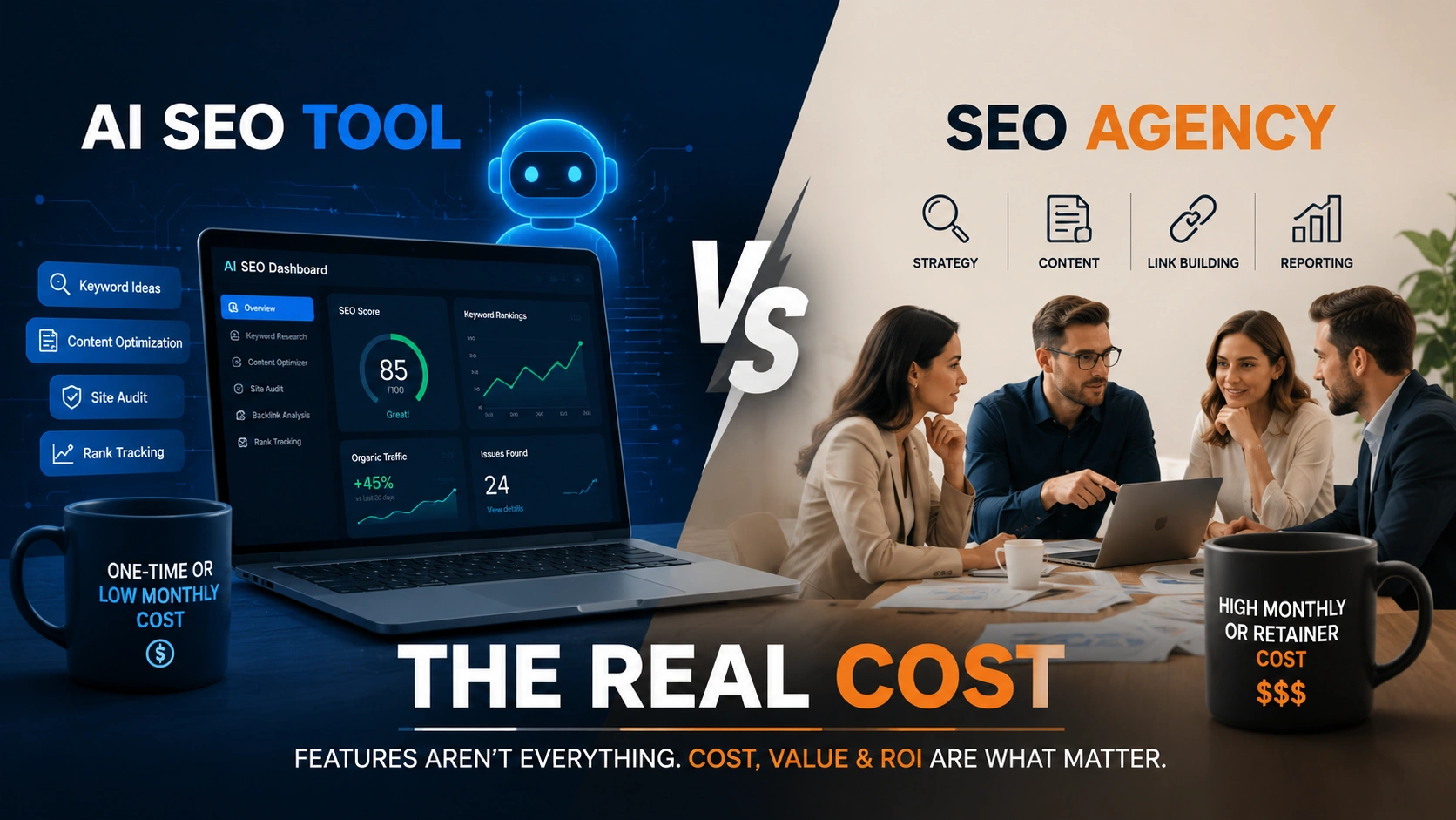 AI SEO tool vs SEO agency comparison showing cost, output, speed and ownership